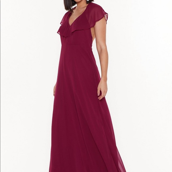 Nasty Gal Wrap Back Ruffle Sleeve Maxi Dress in Burgundy - 4 - Picture 2 of 9